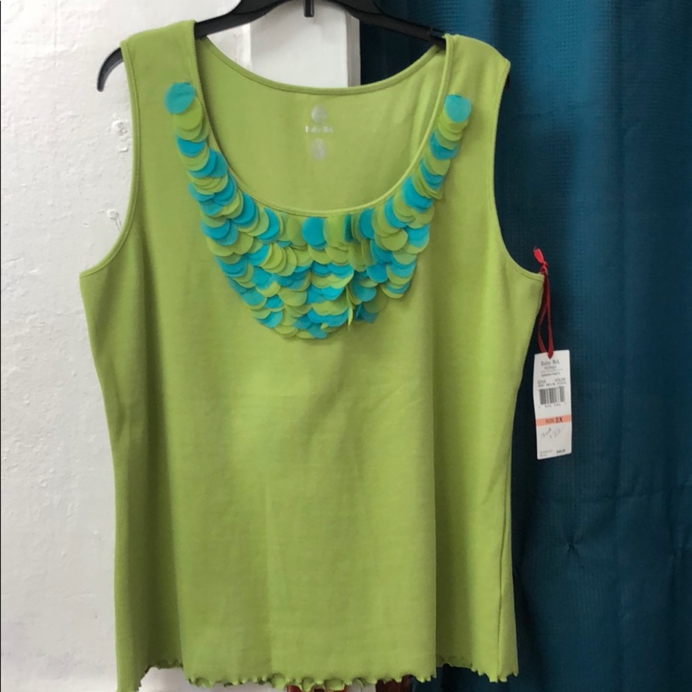 Ruby Red Garden Party Avocado & turquoise tank- 2X